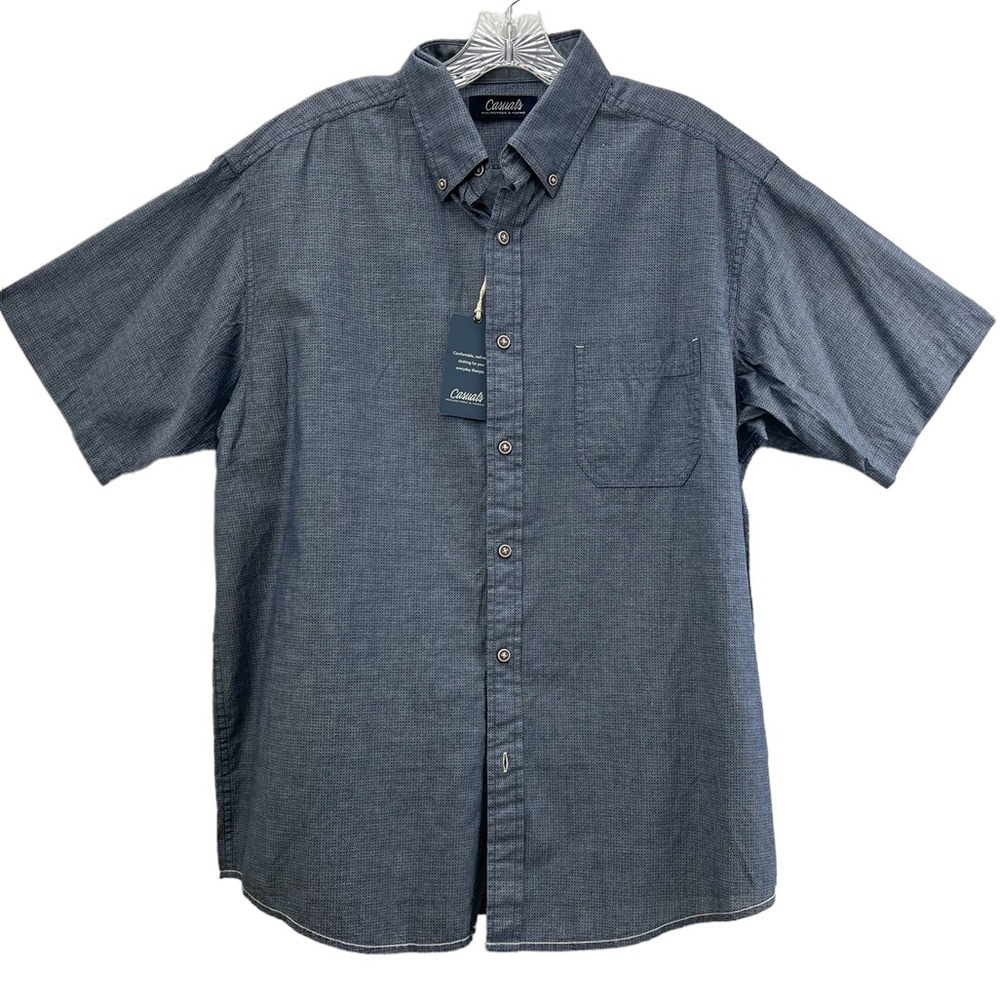 Round Tree & Yorke Casuals Blue Geometric Short Sleeve Button Down SZ L NEW